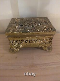 Vintage Ornate Brass Casket Jewelry Box, Mid Century French Style Trinket Box