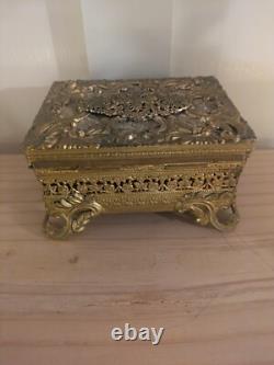 Vintage Ornate Brass Casket Jewelry Box, Mid Century French Style Trinket Box