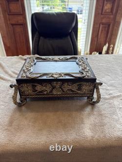 Vintage Ornate Metal Jewelry or Trinket Box with Raised Scroll Design