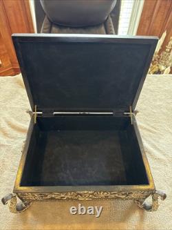 Vintage Ornate Metal Jewelry or Trinket Box with Raised Scroll Design