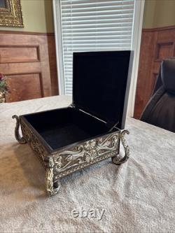 Vintage Ornate Metal Jewelry or Trinket Box with Raised Scroll Design
