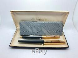 Vintage PARKER VP Fountain Pen Pencil Set 12K GF Caps 14K Med nib Box+Case