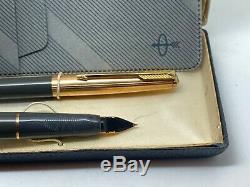 Vintage PARKER VP Fountain Pen Pencil Set 12K GF Caps 14K Med nib Box+Case