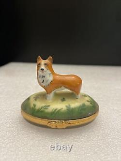 Vintage Peint Main France Artoria Limoges Welsh Corgi Dog Trinket Box