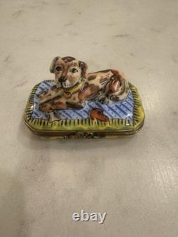 Vintage Peint Main Limoges France Trinket Box Dog And Bone