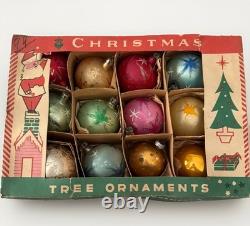 Vintage Poland Glass Christmas Ornaments Set Original Box MCM Glitter Stars