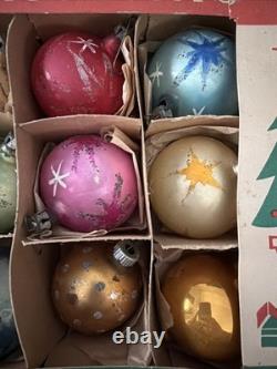 Vintage Poland Glass Christmas Ornaments Set Original Box MCM Glitter Stars