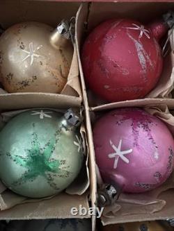 Vintage Poland Glass Christmas Ornaments Set Original Box MCM Glitter Stars