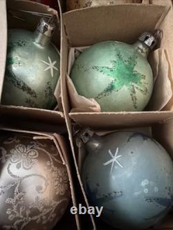 Vintage Poland Glass Christmas Ornaments Set Original Box MCM Glitter Stars