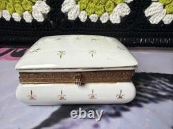 Vintage Porcelain Hinged Trinket Box Blue Crossed Swords Gold Fleur De Lis