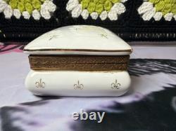 Vintage Porcelain Hinged Trinket Box Blue Crossed Swords Gold Fleur De Lis