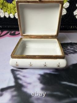 Vintage Porcelain Hinged Trinket Box Blue Crossed Swords Gold Fleur De Lis