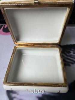 Vintage Porcelain Hinged Trinket Box Blue Crossed Swords Gold Fleur De Lis