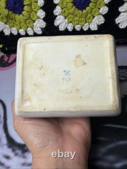 Vintage Porcelain Hinged Trinket Box Blue Crossed Swords Gold Fleur De Lis