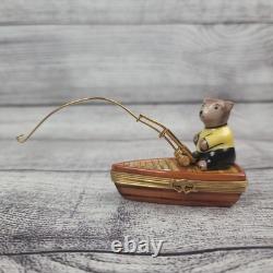 Vintage Porcelain Limoges Bear in Fishing Boat Trinket Box Peint Main