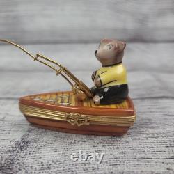 Vintage Porcelain Limoges Bear in Fishing Boat Trinket Box Peint Main