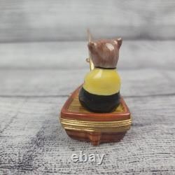 Vintage Porcelain Limoges Bear in Fishing Boat Trinket Box Peint Main