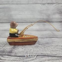 Vintage Porcelain Limoges Bear in Fishing Boat Trinket Box Peint Main