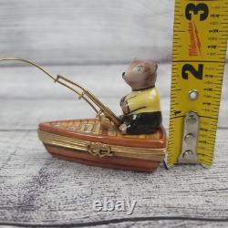 Vintage Porcelain Limoges Bear in Fishing Boat Trinket Box Peint Main