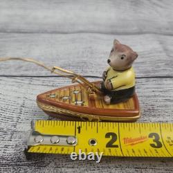 Vintage Porcelain Limoges Bear in Fishing Boat Trinket Box Peint Main