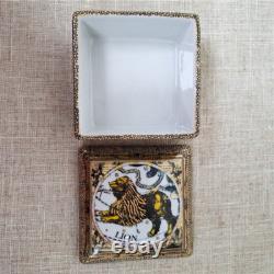 Vintage Porcelain Lion Trinket Box, Lion Figurine, Leo Zodiac-8.25''W