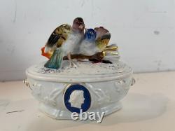 Vintage Possibly Antique Porcelain Vanity Box with Figural Bird Decorations