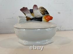 Vintage Possibly Antique Porcelain Vanity Box with Figural Bird Decorations