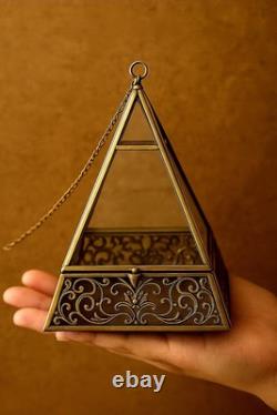 Vintage Pyramid Glass Terrarium Brass Metal Frame Decorative Box