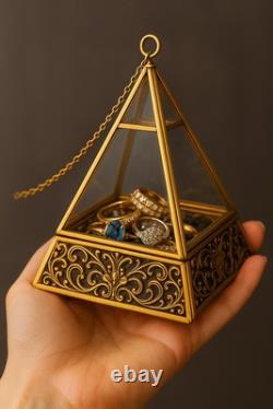 Vintage Pyramid Glass Terrarium Brass Metal Frame Decorative Box