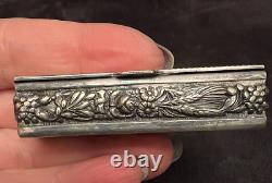 Vintage Repousse Elephant Floral Motif Snuff Pill Trinket Jewelry Box Trunks Up