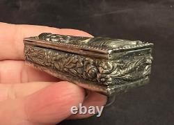 Vintage Repousse Elephant Floral Motif Snuff Pill Trinket Jewelry Box Trunks Up