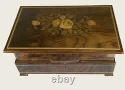 Vintage Reuge Inlaid Marquetry Dancing Ballerina Jewelry Box, Burl Wood