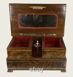 Vintage Reuge Inlaid Marquetry Dancing Ballerina Jewelry Box, Burl Wood