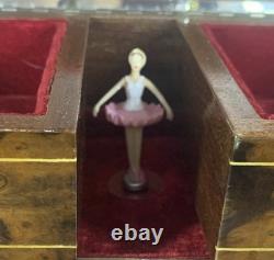 Vintage Reuge Inlaid Marquetry Dancing Ballerina Jewelry Box, Burl Wood
