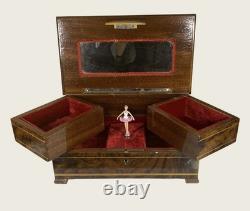 Vintage Reuge Inlaid Marquetry Dancing Ballerina Jewelry Box, Burl Wood