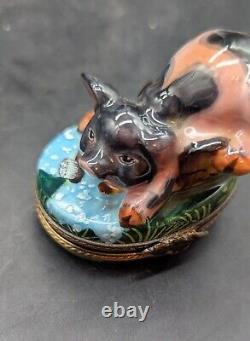 Vintage Rochard Limoges Hand Painted Trinket Box Bathing Pig