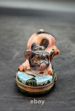 Vintage Rochard Limoges Hand Painted Trinket Box Bathing Pig