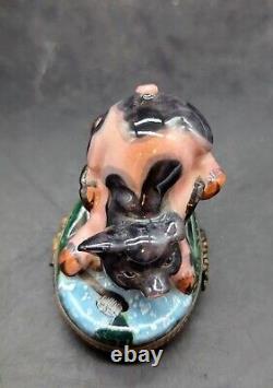 Vintage Rochard Limoges Hand Painted Trinket Box Bathing Pig