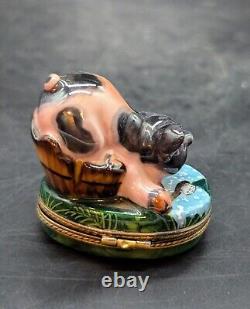 Vintage Rochard Limoges Hand Painted Trinket Box Bathing Pig