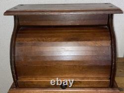 Vintage Roll Top Dark Oak Wood Bread Box Farmhouse Cottage Kitchen Storage