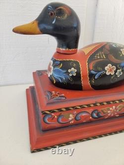 Vintage Rosemaled Wood Box Handmade Hand Painted Duck Decoy Folk Art Norwegian