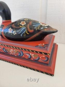 Vintage Rosemaled Wood Box Handmade Hand Painted Duck Decoy Folk Art Norwegian