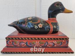 Vintage Rosemaled Wood Box Handmade Hand Painted Duck Decoy Folk Art Norwegian