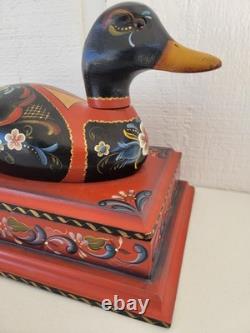 Vintage Rosemaled Wood Box Handmade Hand Painted Duck Decoy Folk Art Norwegian