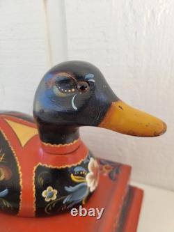 Vintage Rosemaled Wood Box Handmade Hand Painted Duck Decoy Folk Art Norwegian