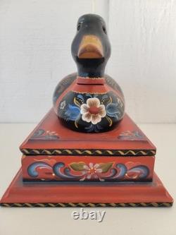 Vintage Rosemaled Wood Box Handmade Hand Painted Duck Decoy Folk Art Norwegian