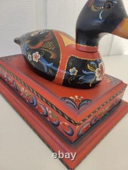 Vintage Rosemaled Wood Box Handmade Hand Painted Duck Decoy Folk Art Norwegian