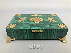 Vintage Russian Hinged Natural Malachite Box with Nicholas The II Medallion