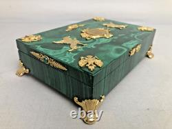 Vintage Russian Hinged Natural Malachite Box with Nicholas The II Medallion