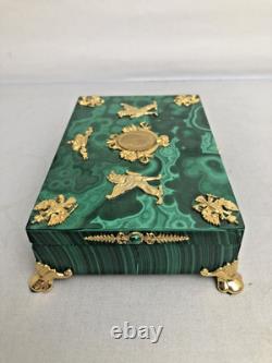 Vintage Russian Hinged Natural Malachite Box with Nicholas The II Medallion
